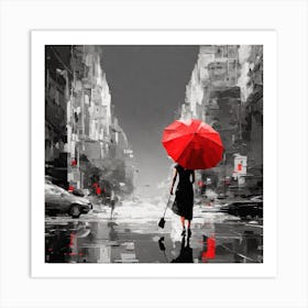 Woman Holding A red Umbrella In The Rain Art Print