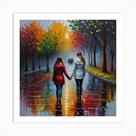 Two Friends Walking In The Rain Art Print