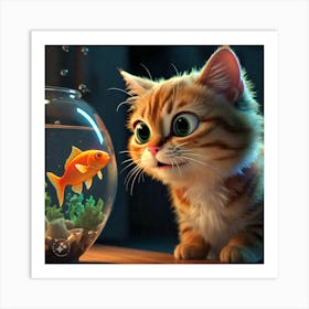 Cat watching Fish in Fish Bowl 2 Art Print