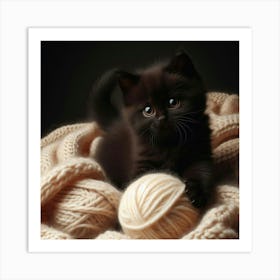 Black Kitten With Ball Of Yarn Art Print