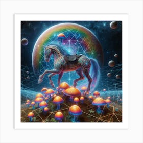 Horse travelling through the psychedelic dmt realm crossing a plane of mushrooms and earth Art Print