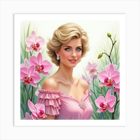 Watercolor Princess Diana Amidst A Garden Of Ethereal Orchids 1 Art Print