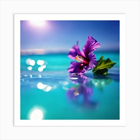 Turquoise Blue Ocean with Purple Hibiscus Flower 1 Art Print