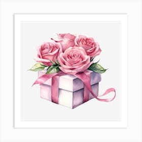 Pink Roses In A Gift Box 2 Art Print
