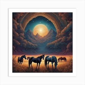 Horses In The Night Art Print