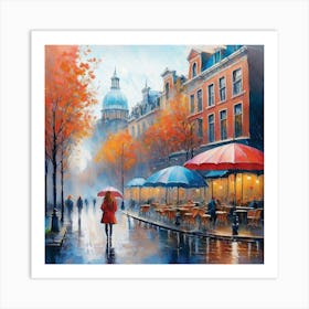 Amsterdam cafes, autumn season, rain, autumn oil colours.Faded colours,People passing on the street, winter clothes, rain umbrellas.15 Art Print