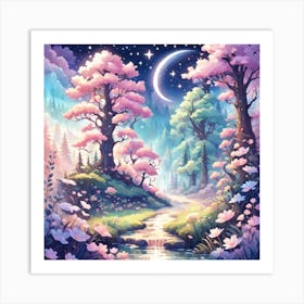 A Fantasy Forest With Twinkling Stars In Pastel Tone Square Composition 189 Art Print