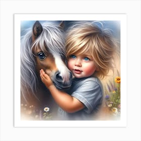 Little Girl Hugging A Horse Art Print