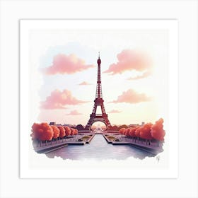 Romantic Watercolor Paris Skyline With The Eiffel Tower And Soft Clouds 1 Art Print