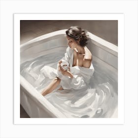 Woman Thinking in Bathtub & Robe Art Print