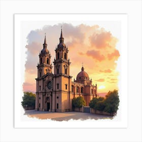 Watercolor Image Of A Historic Spanish Cathedral Under A Sunset Sky Art Print