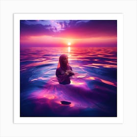 Woman In The Ocean At Sunset Art Print