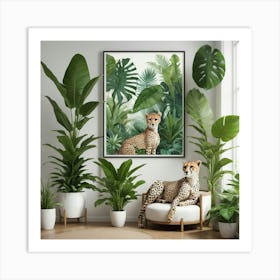 Indoor Tropical Plant Jungle With Cheetah Art Print 3 Art Print