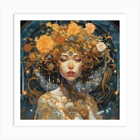 Woman With Flowers On Her Head Art Print