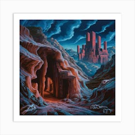 Paints a Majestic Yet Ominous Landscape: Labyrinthine Canyons at Night. Art Print