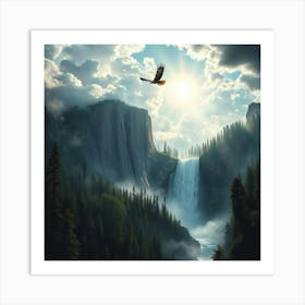 Eagle Flying Over Waterfall Art Print