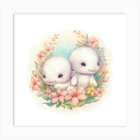 Two White Dolphins In Flowers Poster