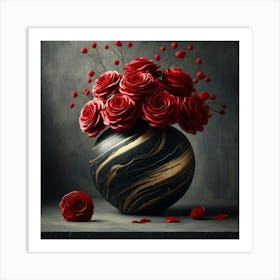 Black Vase With Red Roses Art Print