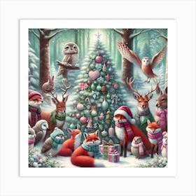 Woodland Animals Christmas Gathering 2 Art Print