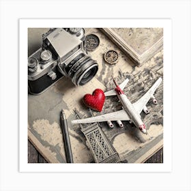 Firefly A Paris, France Vintage Travel Flatlay, Camera, Small Red Heart, Map, Stamp, Flight, Airplan (2) Art Print