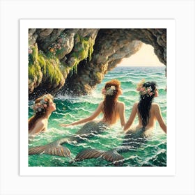 Three mermaids. Inspired by the style of John William Waterhouse.  Art Print