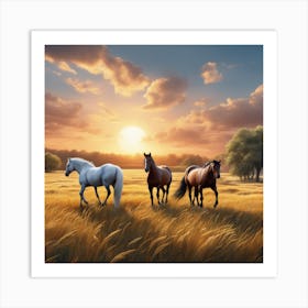 Horses In The Field At Sunset Art Print