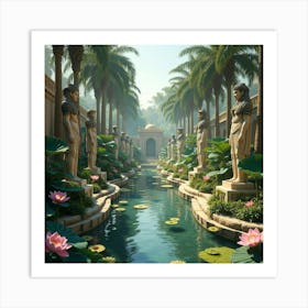 Enchanted Garden With Egyptian Statues, Palm Trees, And Lotus Flowers 1 Art Print