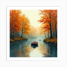 Cozy Boat Ride Through Watercolor Autumn Forest 1 Art Print