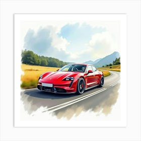 Porsche Taycan Turbo S In A Colorful Watercolor Landscape, No Signature Or Logo 1 Art Print