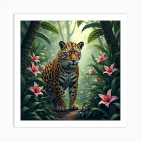 Jaguar In Orchids Filled Jungle 1 Art Print