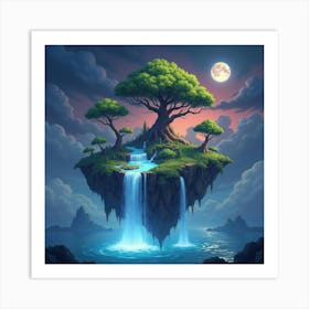 Mystical Floating Island With Waterfalls And Glowing Trees 1 Art Print