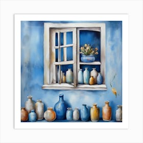 Blue wall. Open window. From inside an old-style room. Silver in the middle. There are several small pottery jars next to the window. There are flowers in the jars Spring oil colors. Wall painting.63 Art Print