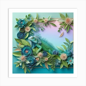 Iguana And Flowers Art Print