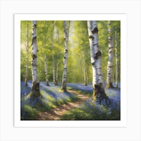 Silver Birch Bluebell Wood in Dappled Sunlight Art Print