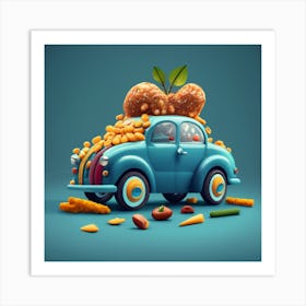 Cartoon Style Blue Car Made Out Of Food (1) Art Print