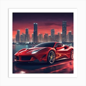 Ferrari Car Overlooking The Miami Skyline At Night 1 Art Print