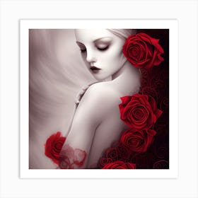 Beautiful Woman And Red Roses Art Print