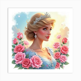 Radiant Princess Diana With A Colorful Blend Of Watercolor Roses And Soft Clouds 1 Art Print