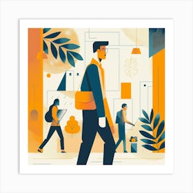 Illustration Of People Walking Art Print