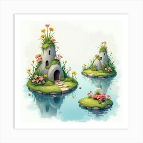 Floating Islands With Enchanted Flora, Watercolor 1 Art Print