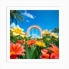 Colorful Flowers In Front Of Arch Art Print