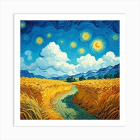 Starry Night Over Wheat Field Art Print