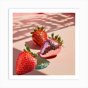 Three Strawberries On A Pink Surface With Disco and Shadows Art Print