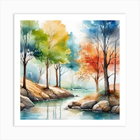 Watercolor Of Trees By The River Art Print