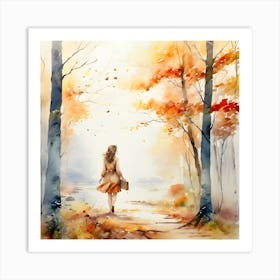 Woman walking in autumn in the forest Art Print