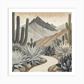 Firefly Modern Abstract Beautiful Lush Cactus And Succulent Garden Path In Neutral Muted Colors Of T (3) Art Print