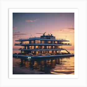 Ultra Modern Floating Hotel On The Sea, Sunset Art Print