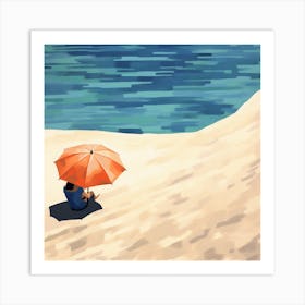 Woman Sitting On Beach With Umbrella Art Print