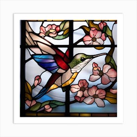 Stained Glass Hummingbird with cherry blossoms Art Print