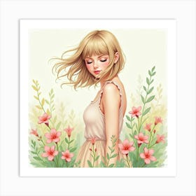 Taylor Swift In A Pastel Watercolor Garden, Flowers Softly Swaying Around Her Art Print